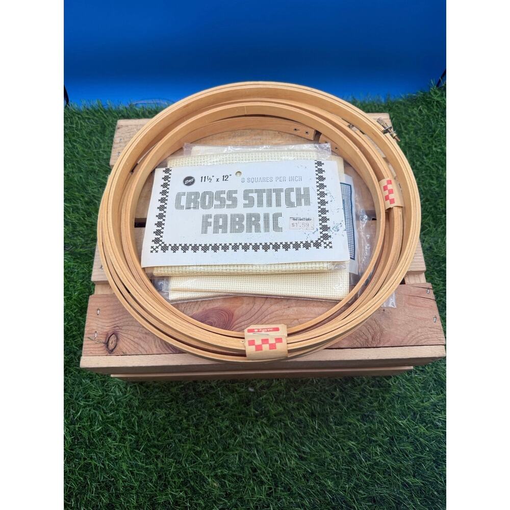 Vintage Embroidery Hoop & Cross Stitch Lot – Wooden Hoops & Aida Fabric Packages
